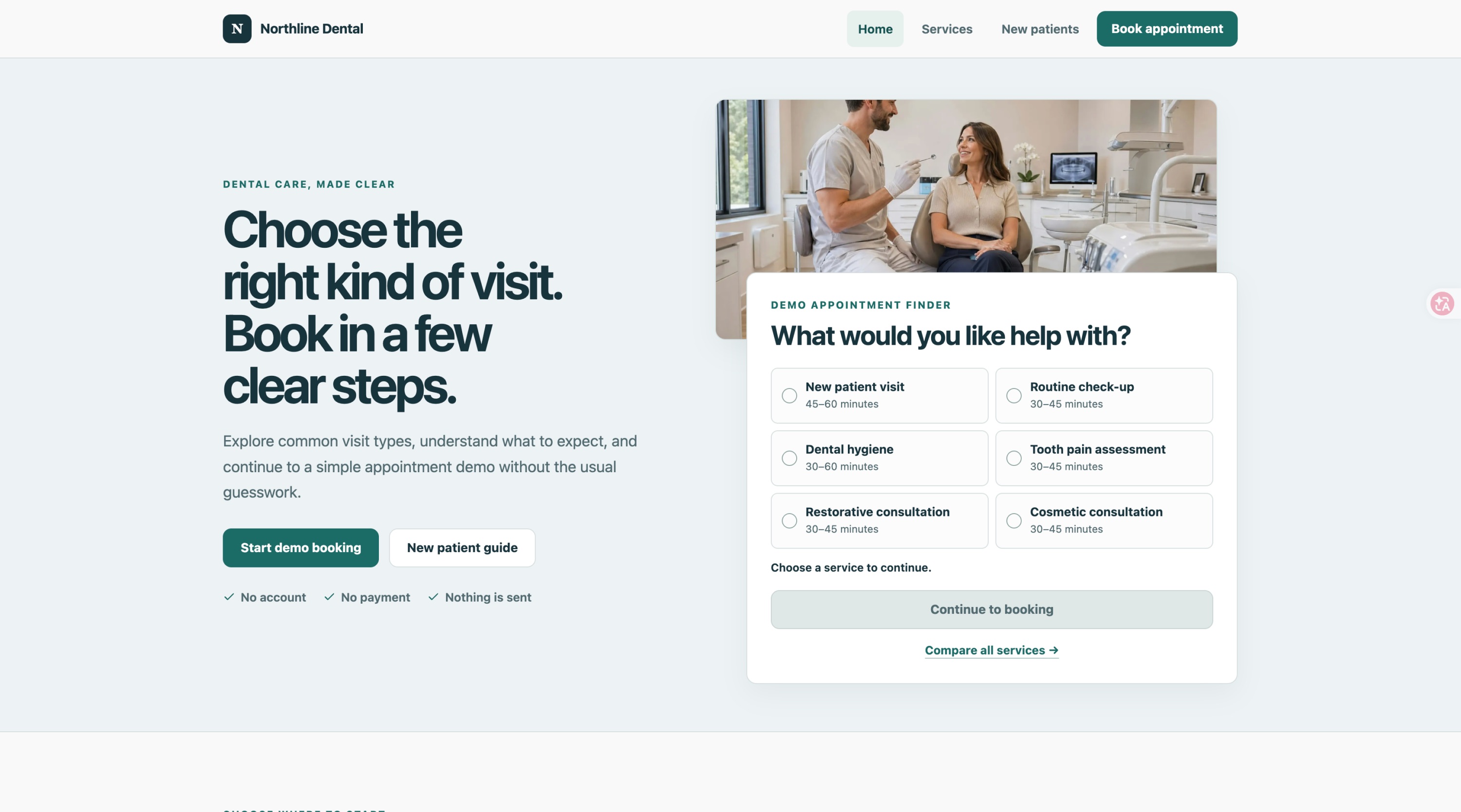 Northline Dental concept homepage with a demo appointment finder and visit types