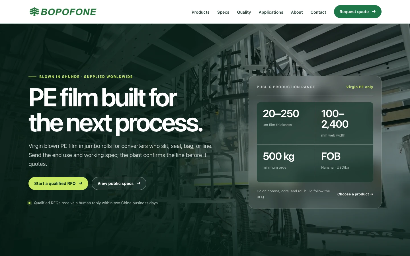Bopofone live PE film homepage with product scope and a qualified B2B enquiry path