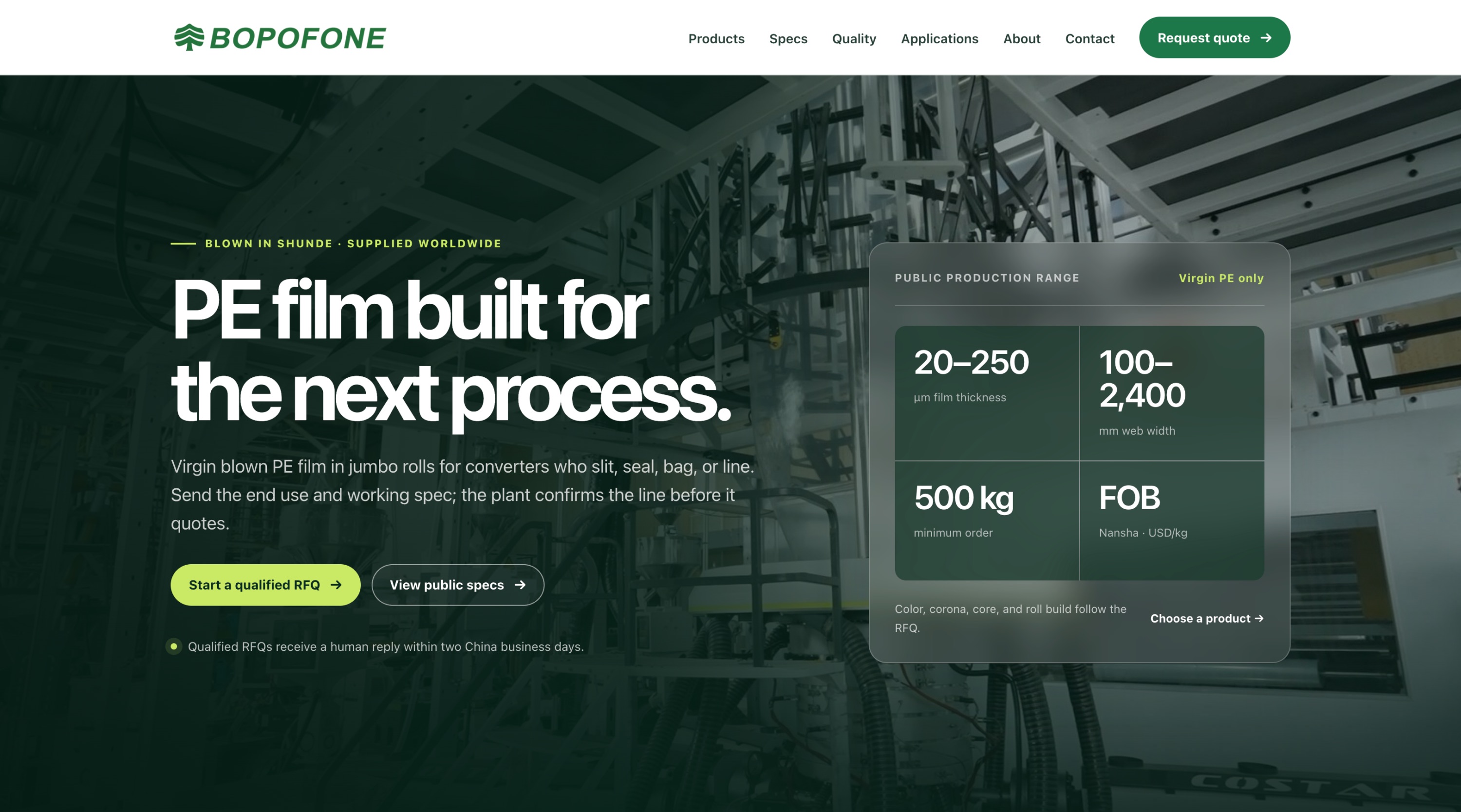 Bopofone homepage with factory photography, PE film production specifications and an enquiry link