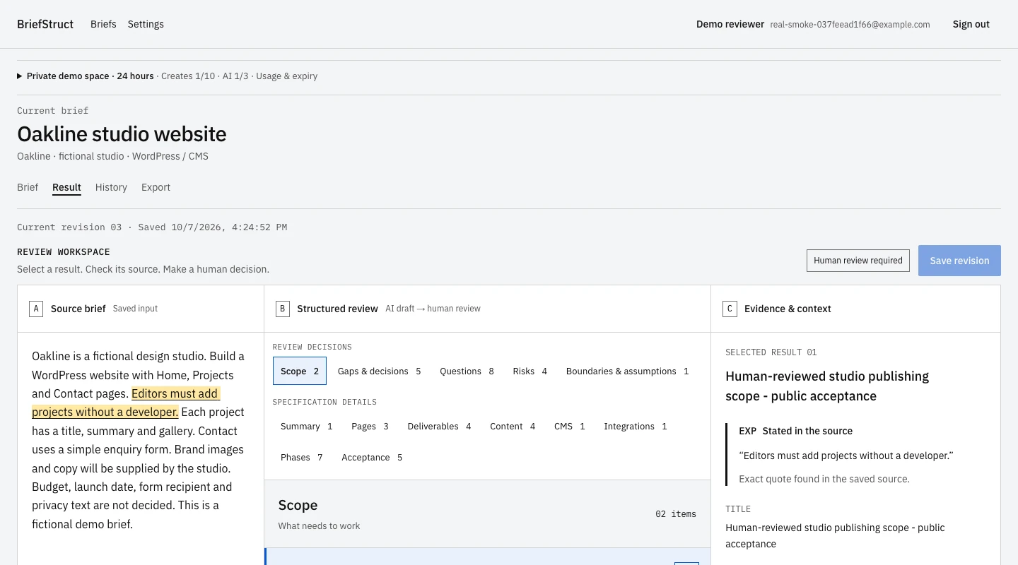 Live BriefStruct Review Workspace connecting a fictional studio brief to a real DeepSeek result and checked source evidence