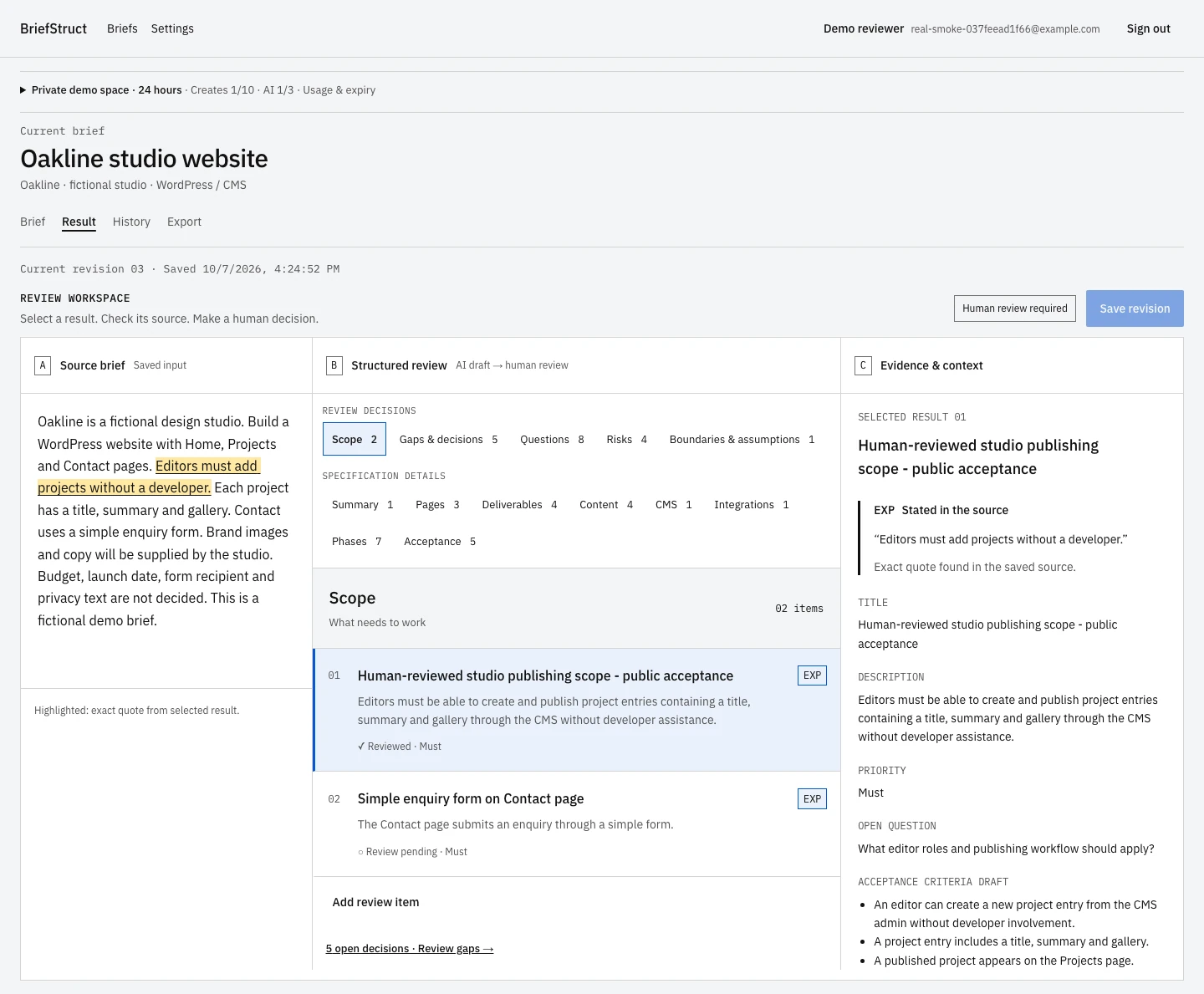Live desktop BriefStruct Review Workspace with a fictional Oakline brief, human-reviewed DeepSeek scope and an exact highlighted source quote