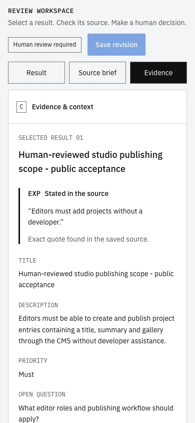 Live mobile BriefStruct evidence view showing an explicit source quote for a human-reviewed studio publishing requirement