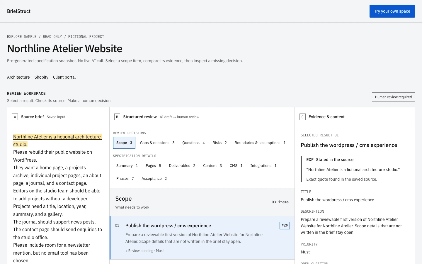 BriefStruct live read-only Sample with a source brief, structured scope and highlighted source evidence