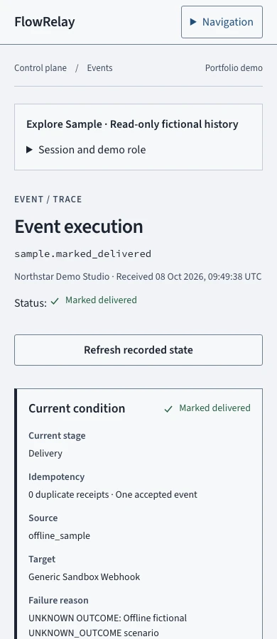 Mobile FlowRelay V3 Event Execution view showing a fictional marked-delivered outcome, retained unknown-outcome evidence and execution stages