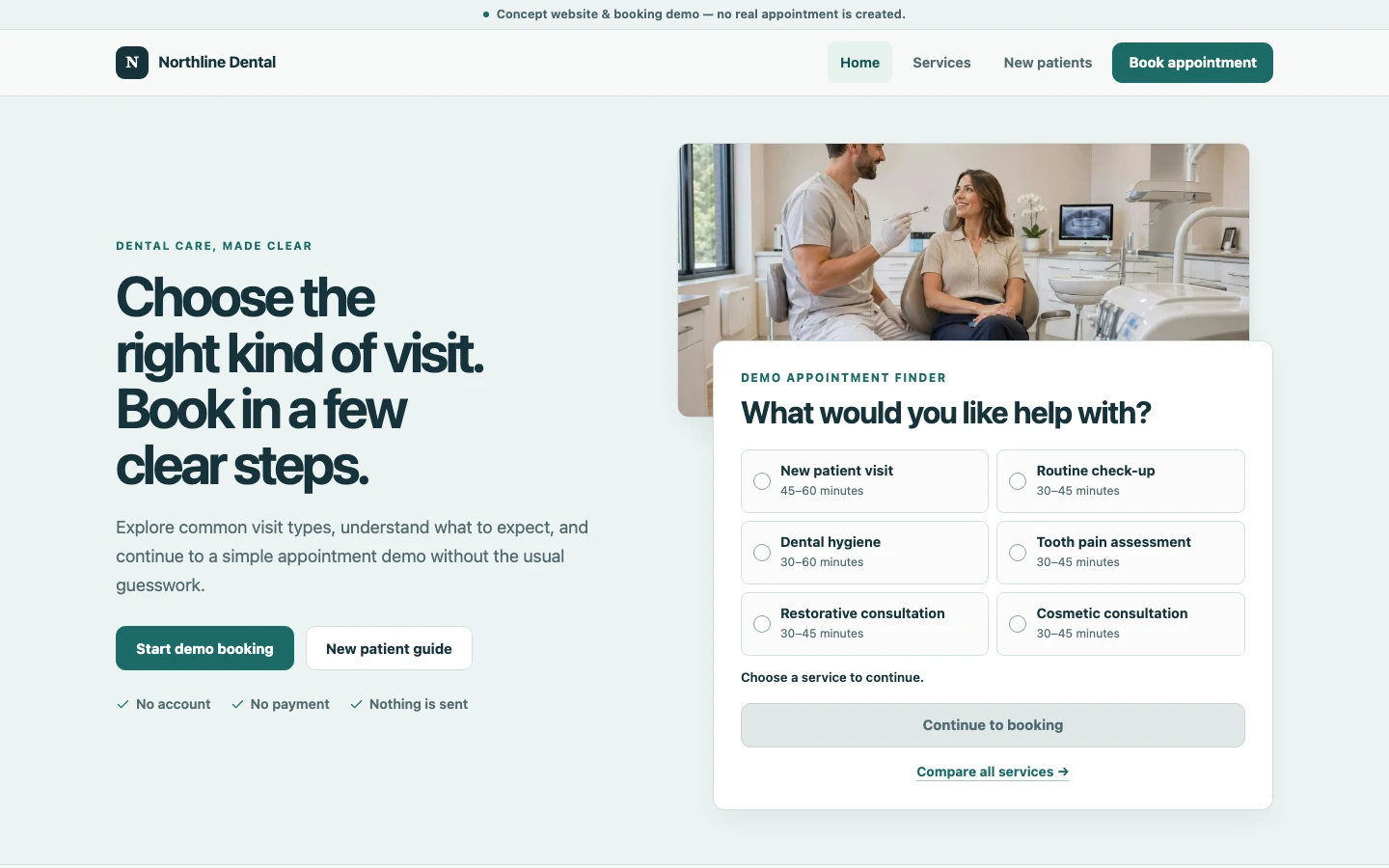 Northline Dental concept homepage with visit guidance and the demo appointment finder