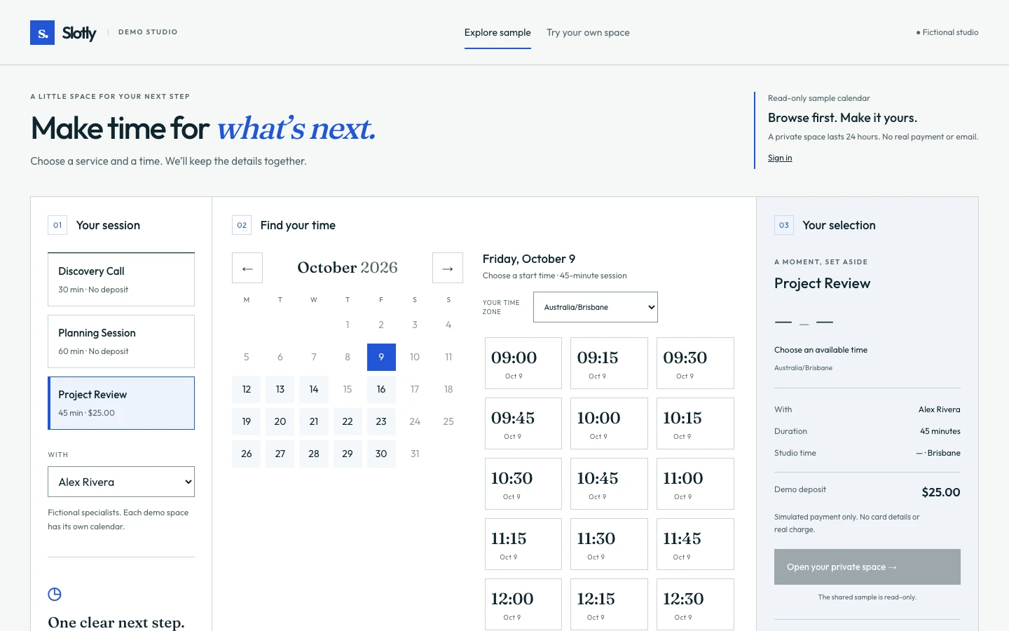 Slotly live sample planner with service selection, calendar, time slots and a session summary
