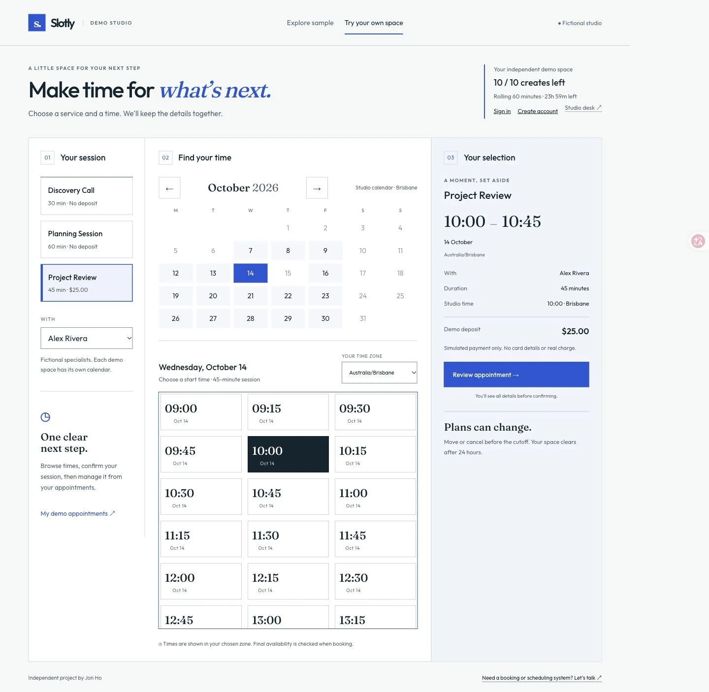 Real public Slotly desktop planner with a private calendar, available start times and appointment summary