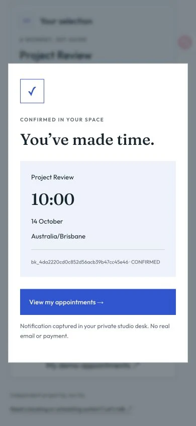 Real public Slotly phone showing an appointment confirmed in the visitor private demo space