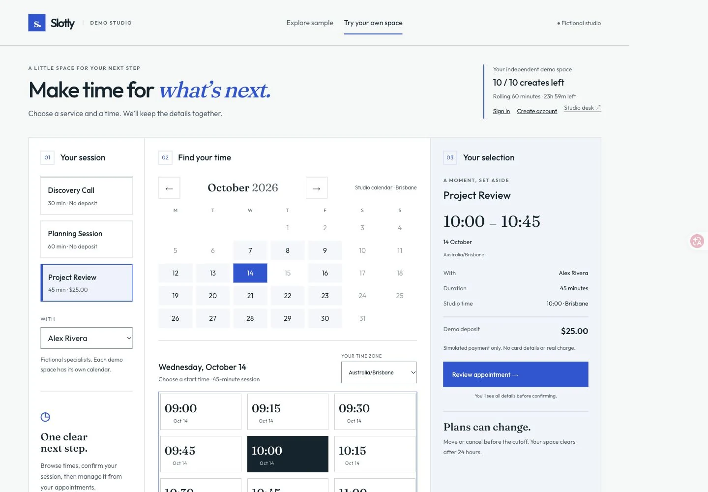 Slotly time planner showing service, studio date, available times and a private appointment summary