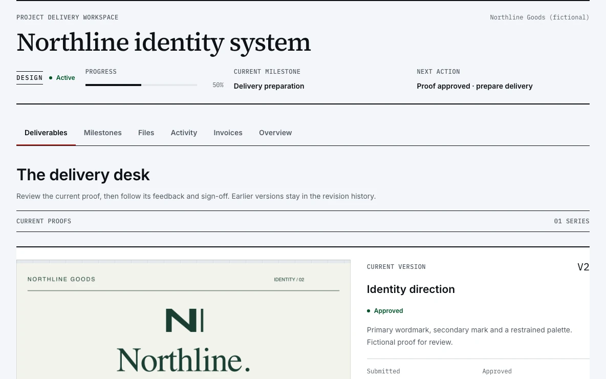 StudioFlow V3 Agency Delivery Workspace with the Northline project, a private V2 proof and its approved state