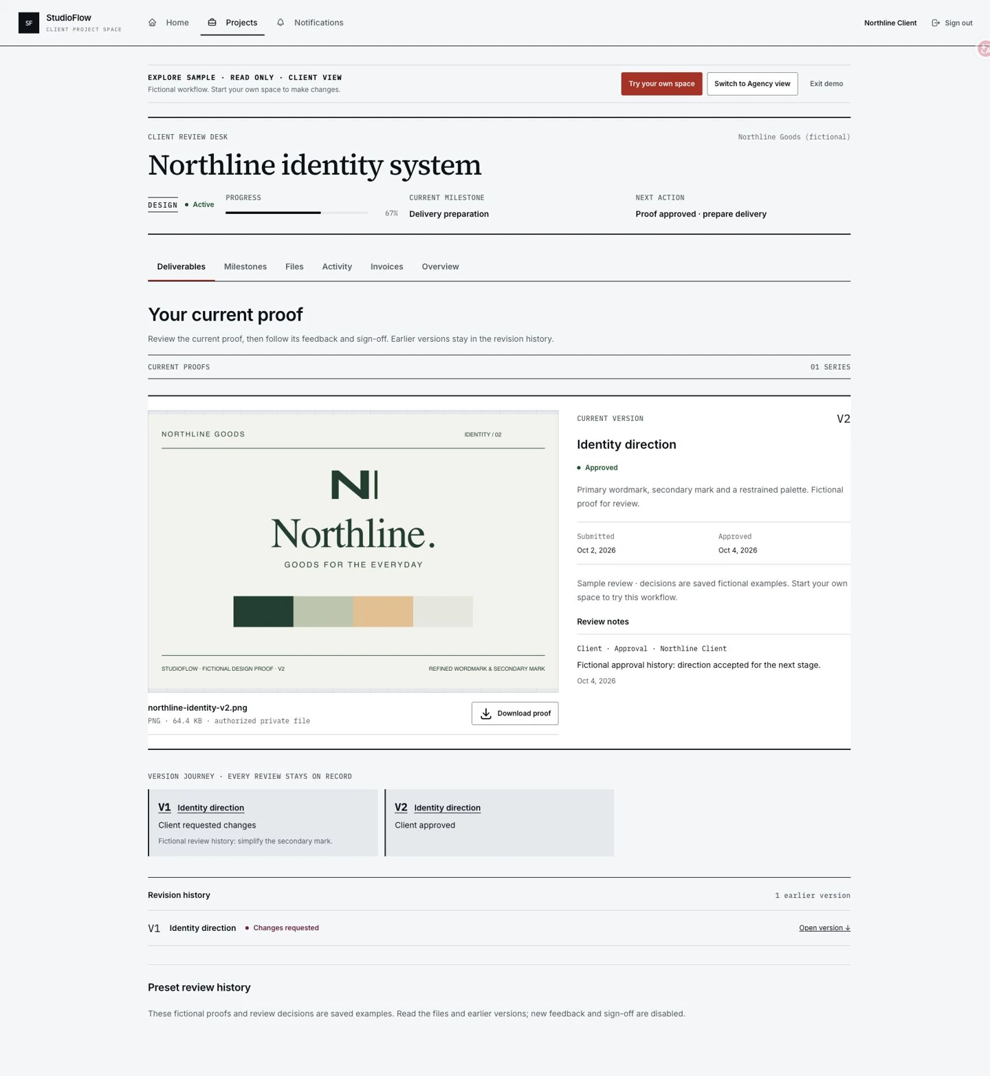 StudioFlow V3 Client review in the fictional Northline project with the authorized proof image