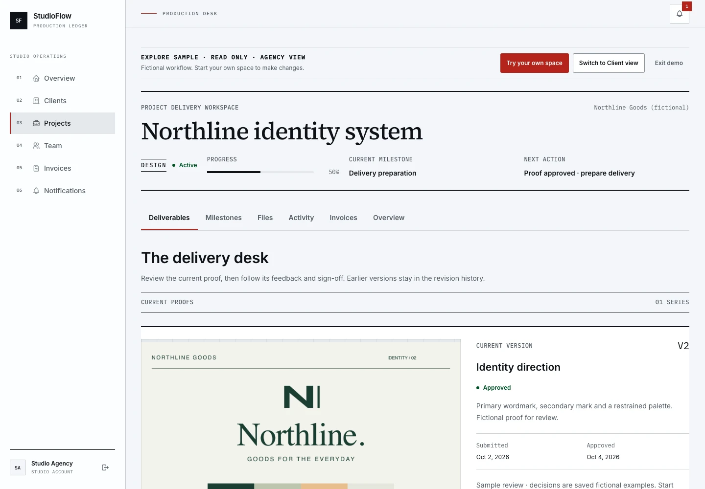 Desktop StudioFlow V3 Agency Delivery Workspace for the fictional Northline project and approved V2 proof