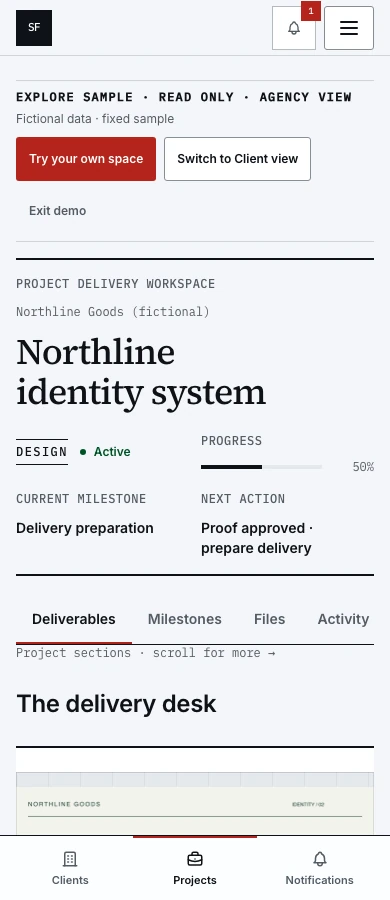 Mobile StudioFlow V3 Agency Delivery Workspace for the fictional Northline project and approved V2 proof