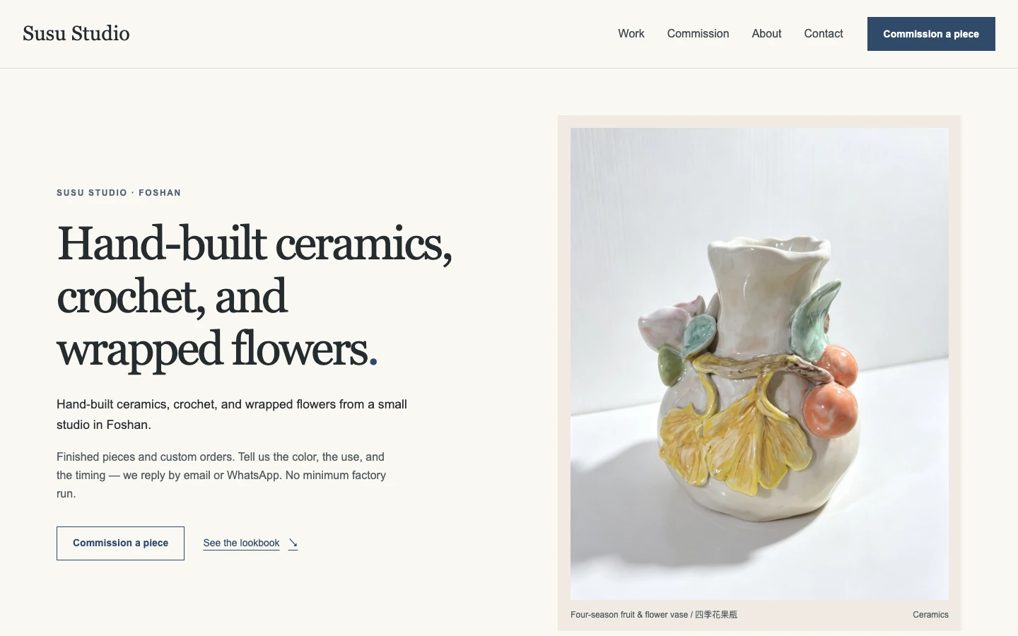Susu Studio live homepage with handcrafted ceramics and a commission enquiry path