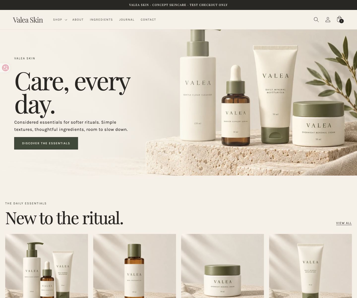 Valea Skin fictional skincare storefront homepage, captured in a Shopify development store on 5–6 October 2026