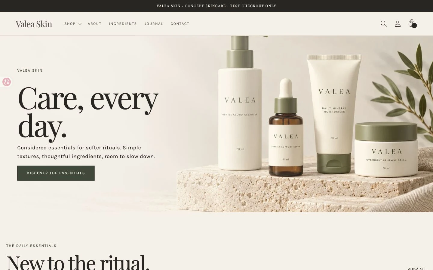 Valea Skin saved development-store homepage with product storytelling and skincare collections
